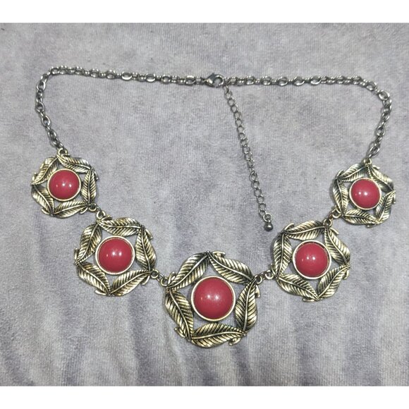 Floral Red And Gold Medallion Link Statement Necklace - Picture 5 of 5